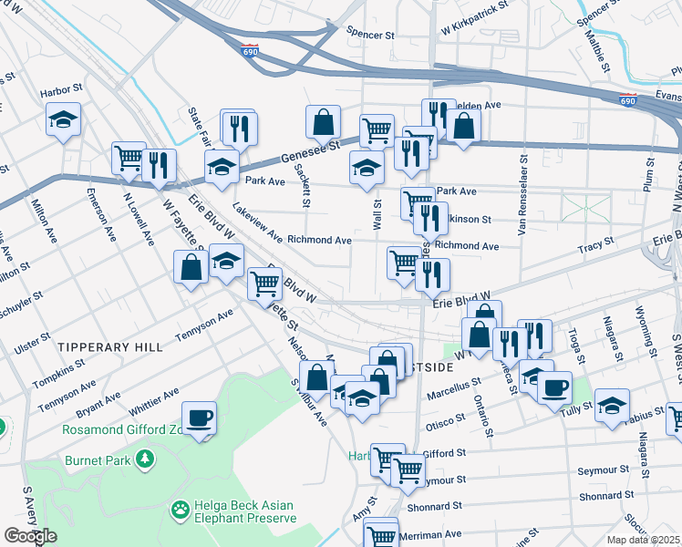 map of restaurants, bars, coffee shops, grocery stores, and more near 114 Liberty Street in Syracuse