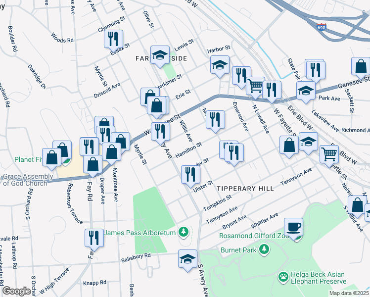 map of restaurants, bars, coffee shops, grocery stores, and more near 631 Hamilton Street in Syracuse
