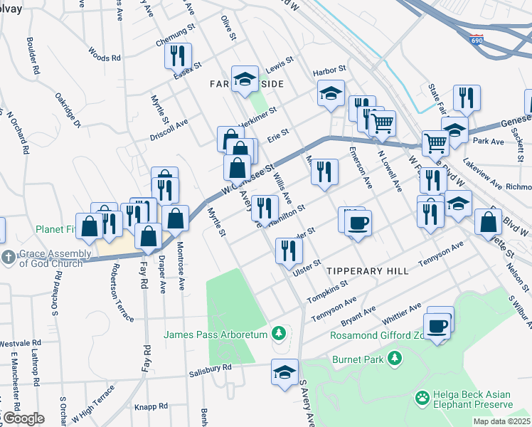 map of restaurants, bars, coffee shops, grocery stores, and more near 631 Hamilton Street in Syracuse