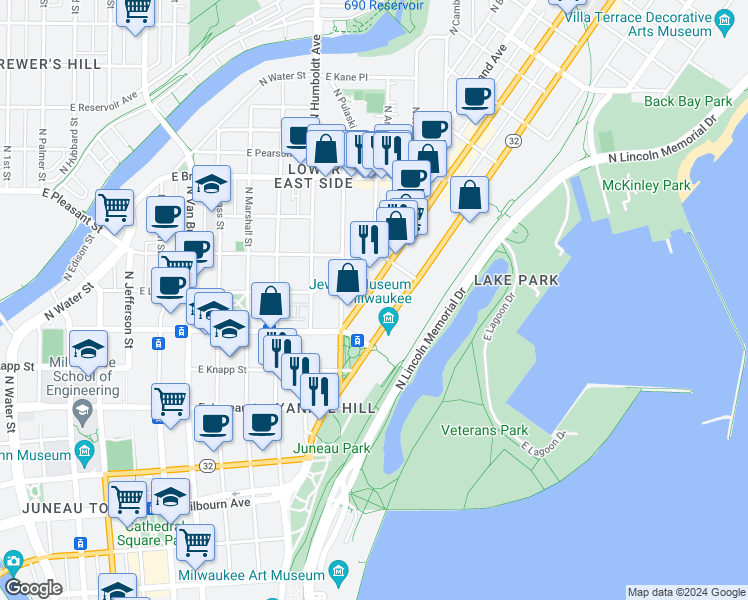 map of restaurants, bars, coffee shops, grocery stores, and more near 1417 North Prospect Avenue in Milwaukee