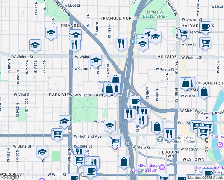 map of restaurants, bars, coffee shops, grocery stores, and more near 1239 West Vliet Street in Milwaukee