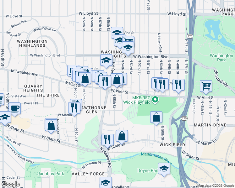 map of restaurants, bars, coffee shops, grocery stores, and more near 1345 North 55th Street in Milwaukee