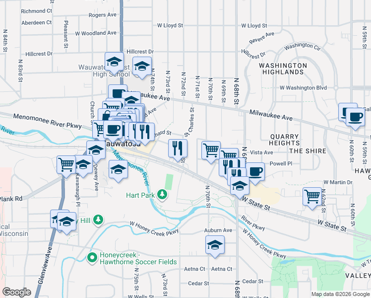 map of restaurants, bars, coffee shops, grocery stores, and more near 1532 North Wauwatosa Avenue in Milwaukee