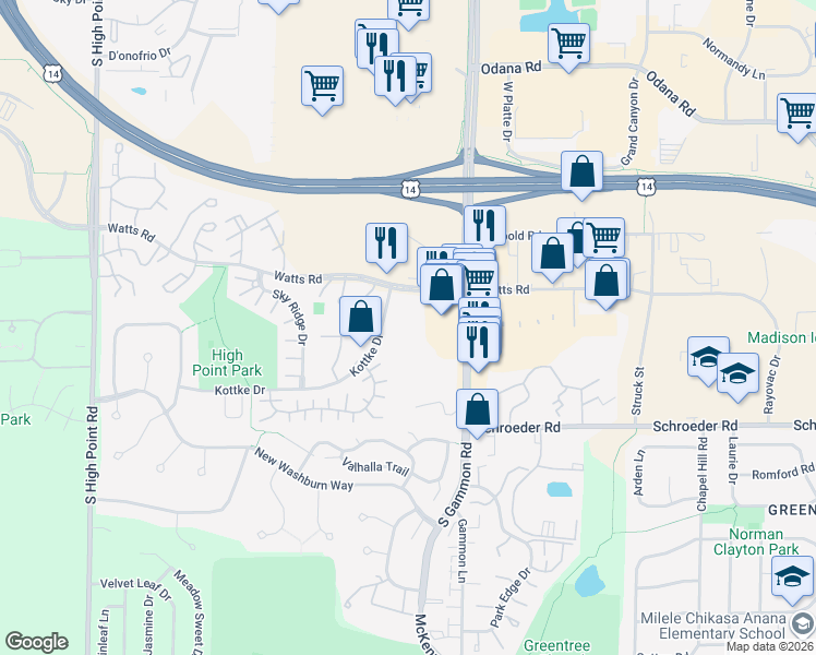 map of restaurants, bars, coffee shops, grocery stores, and more near 831 Kottke Drive in Madison
