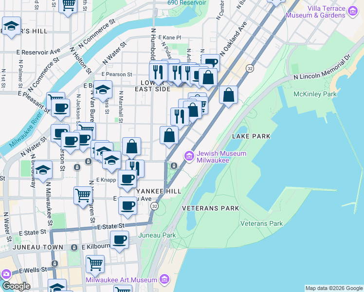 map of restaurants, bars, coffee shops, grocery stores, and more near 1470 North Farwell Avenue in Milwaukee