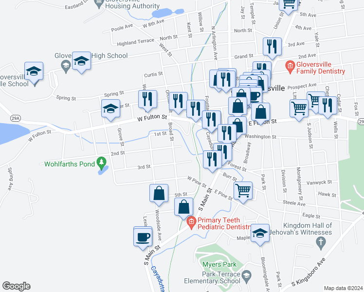 map of restaurants, bars, coffee shops, grocery stores, and more near 5 2nd Street in Gloversville