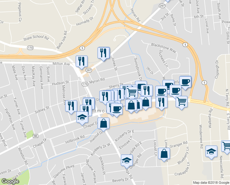 map of restaurants, bars, coffee shops, grocery stores, and more near 26 Gifford Drive in Syracuse