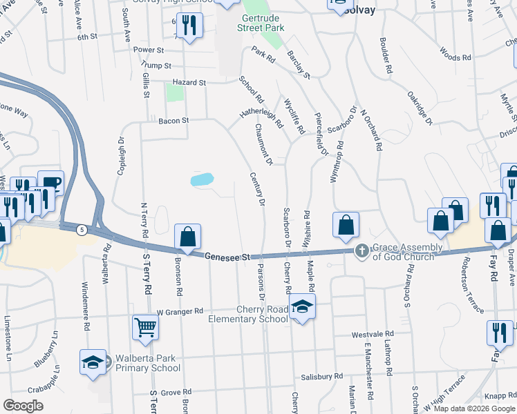 map of restaurants, bars, coffee shops, grocery stores, and more near 119 Century Drive in Syracuse