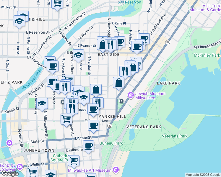 map of restaurants, bars, coffee shops, grocery stores, and more near 1034 East Ogden Avenue in Milwaukee