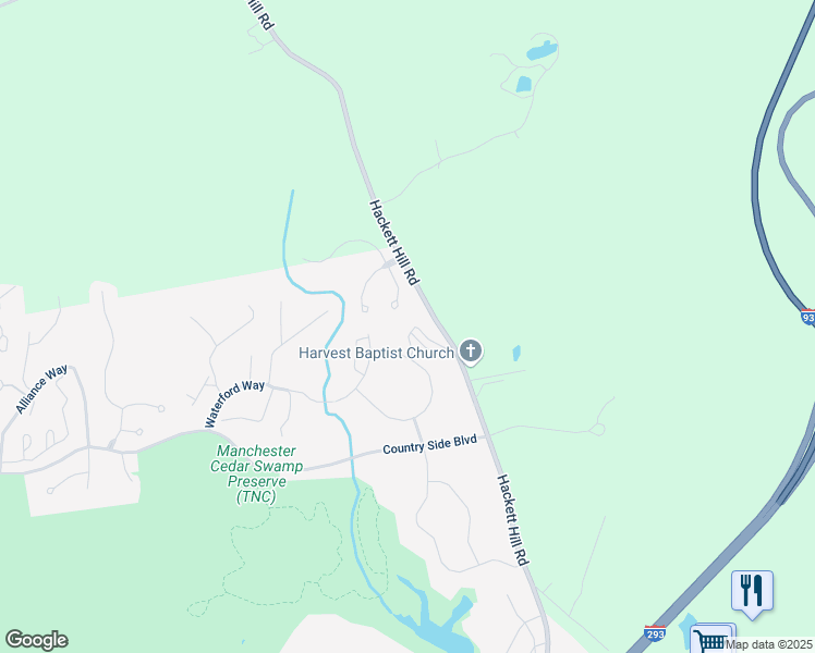 map of restaurants, bars, coffee shops, grocery stores, and more near 245 Village Circle Way in Manchester