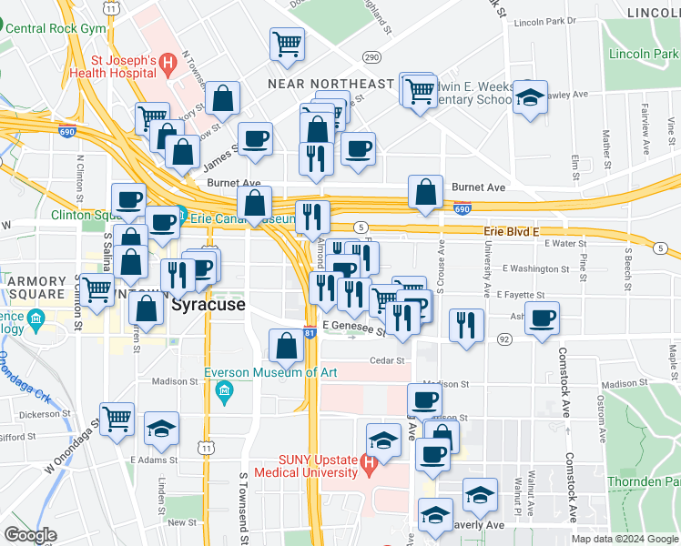 map of restaurants, bars, coffee shops, grocery stores, and more near 716 East Washington Street in Syracuse
