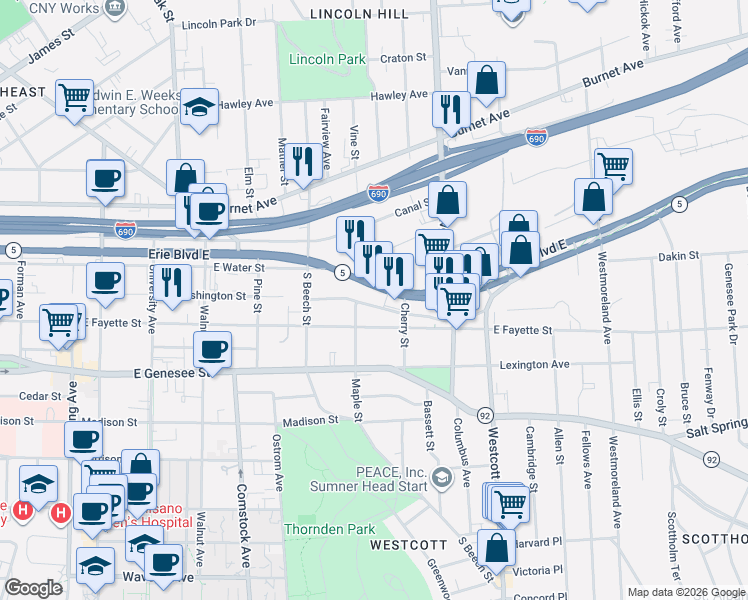 map of restaurants, bars, coffee shops, grocery stores, and more near 1507 East Fayette Street in Syracuse