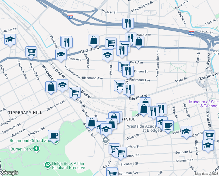 map of restaurants, bars, coffee shops, grocery stores, and more near 104 Wall Street in Syracuse