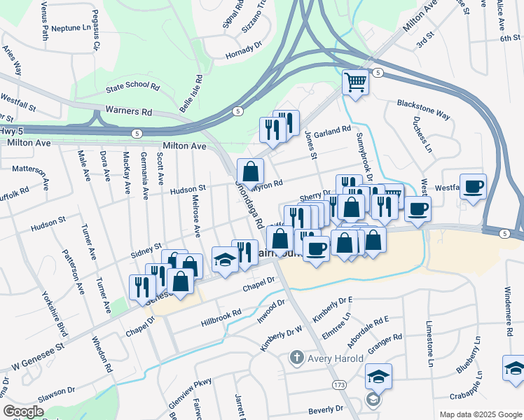 map of restaurants, bars, coffee shops, grocery stores, and more near 42 Gifford Drive in Syracuse