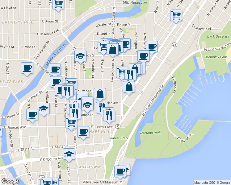 map of restaurants, bars, coffee shops, grocery stores, and more near 1034 East Ogden Avenue in Milwaukee