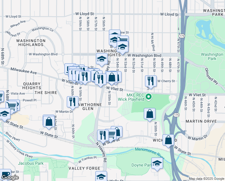 map of restaurants, bars, coffee shops, grocery stores, and more near 1345 North 55th Street in Milwaukee
