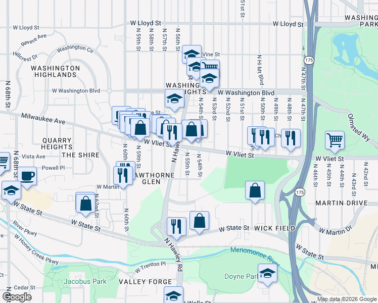 map of restaurants, bars, coffee shops, grocery stores, and more near 1345 North 55th Street in Milwaukee