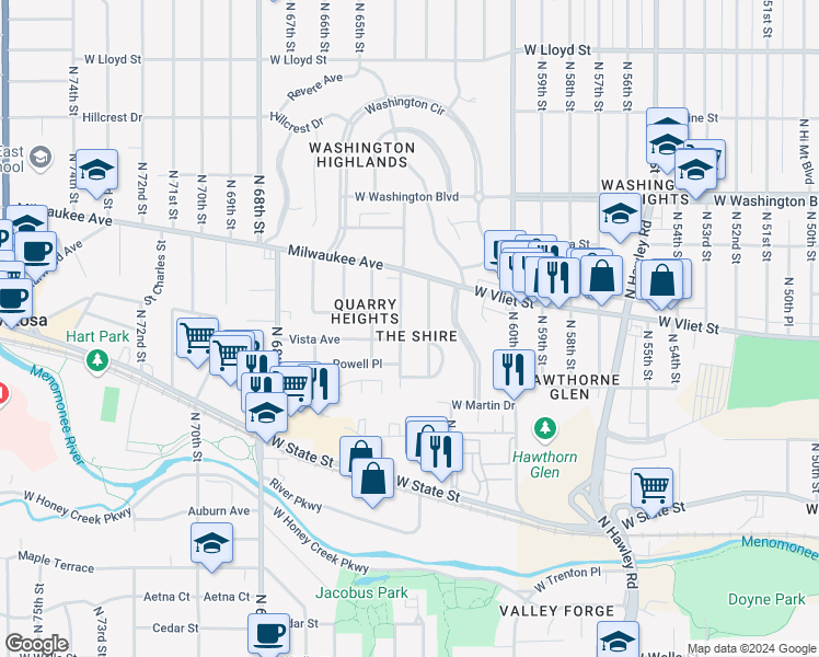 map of restaurants, bars, coffee shops, grocery stores, and more near 1316 North 64th Street in Wauwatosa