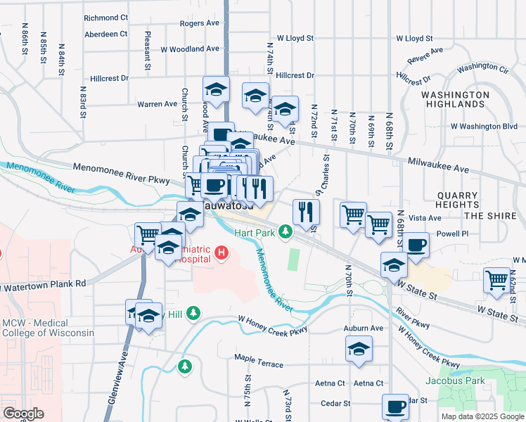 map of restaurants, bars, coffee shops, grocery stores, and more near in Wauwatosa