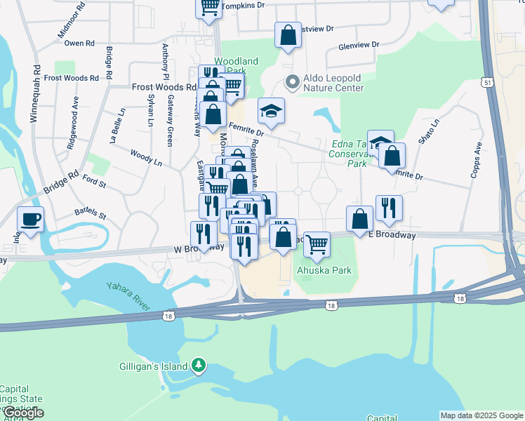 map of restaurants, bars, coffee shops, grocery stores, and more near 115 East Broadway in Monona