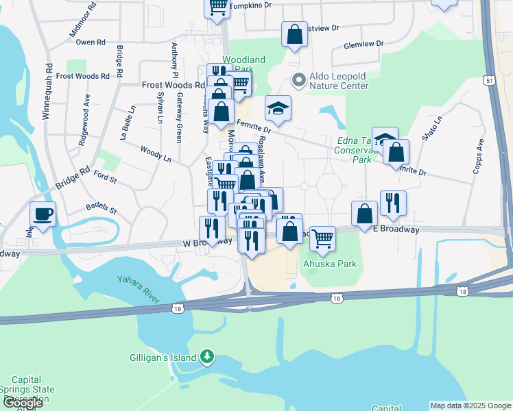map of restaurants, bars, coffee shops, grocery stores, and more near 115 East Broadway in Monona