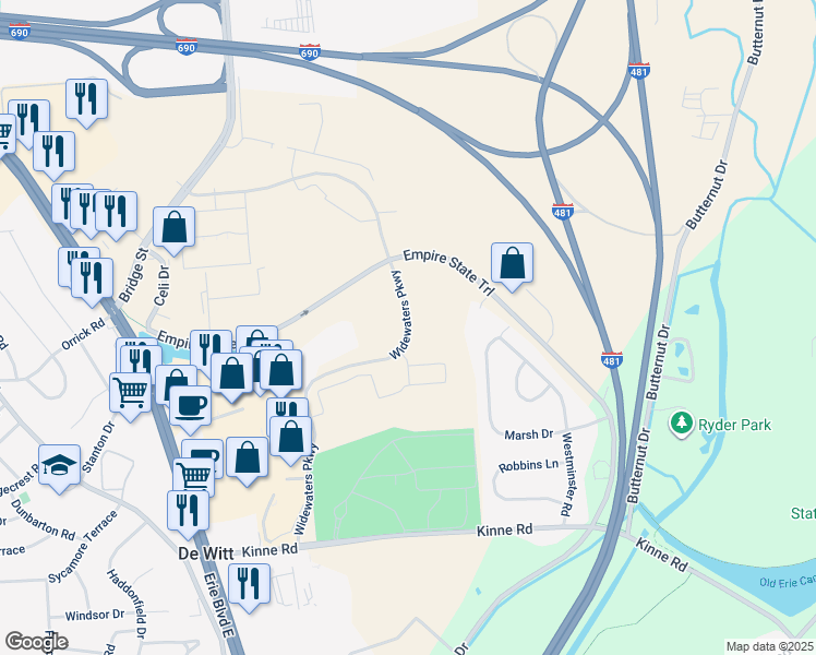 map of restaurants, bars, coffee shops, grocery stores, and more near 5793 Widewaters Parkway in Syracuse