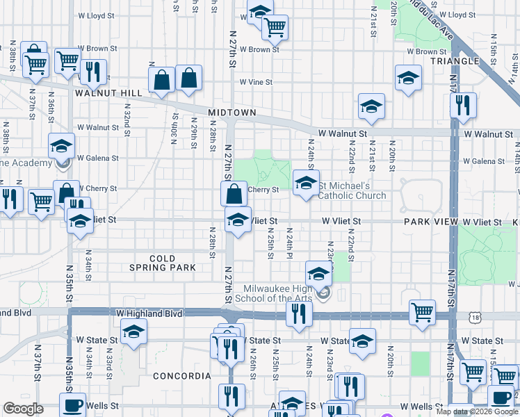map of restaurants, bars, coffee shops, grocery stores, and more near 2605 West Vliet Street in Milwaukee