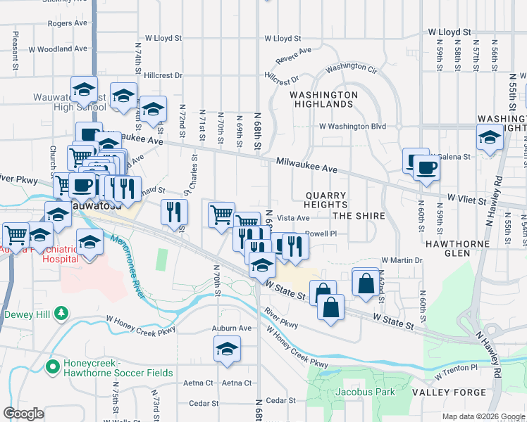 map of restaurants, bars, coffee shops, grocery stores, and more near 1313 North 68th Street in Wauwatosa
