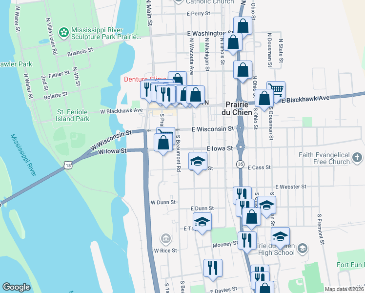 map of restaurants, bars, coffee shops, grocery stores, and more near 310 South Beaumont Road in Prairie du Chien