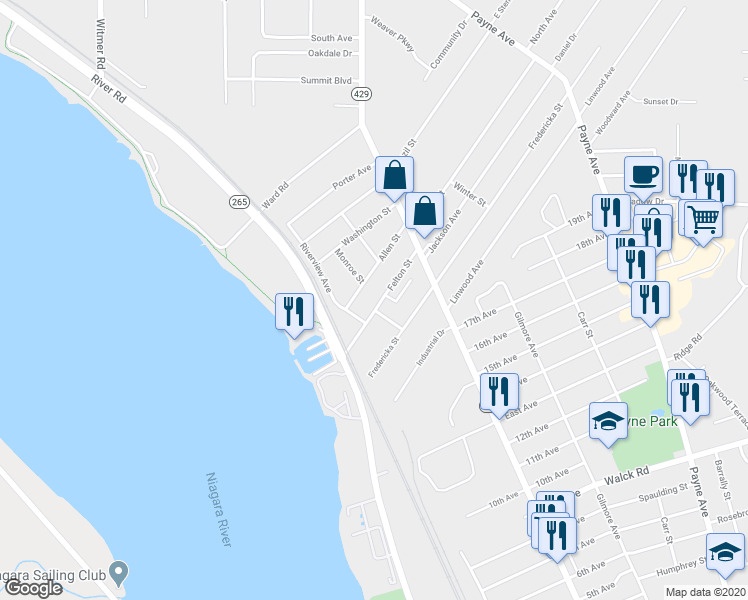 map of restaurants, bars, coffee shops, grocery stores, and more near 56 Felton Street in North Tonawanda