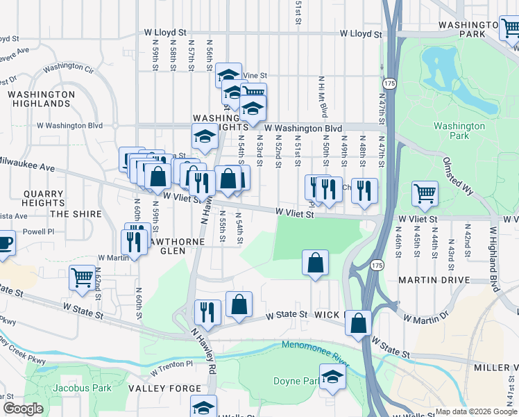 map of restaurants, bars, coffee shops, grocery stores, and more near W Vliet St & N 53rd St in Milwaukee