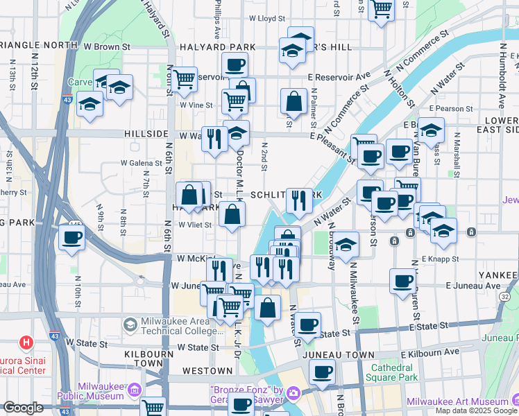 map of restaurants, bars, coffee shops, grocery stores, and more near 100 Manpower Place in Milwaukee