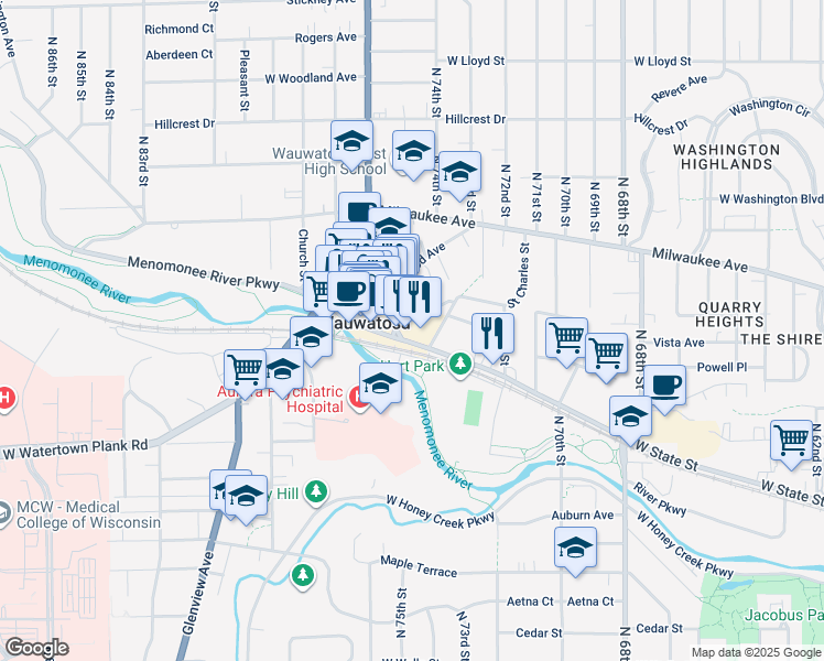 map of restaurants, bars, coffee shops, grocery stores, and more near in Wauwatosa