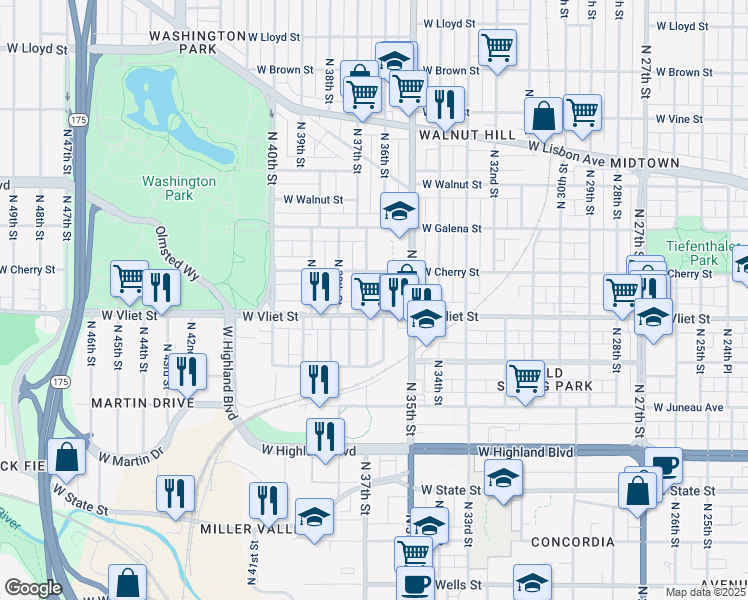 map of restaurants, bars, coffee shops, grocery stores, and more near 3525 West Vliet Street in Milwaukee