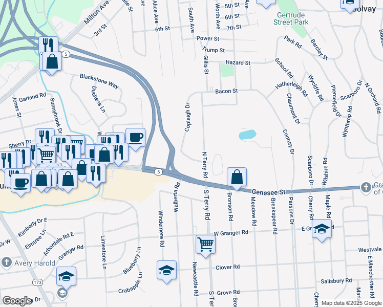 map of restaurants, bars, coffee shops, grocery stores, and more near 3208 West Genesee Street in Syracuse