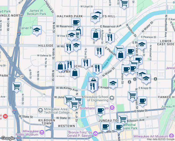map of restaurants, bars, coffee shops, grocery stores, and more near 101 West Cherry Street in Milwaukee