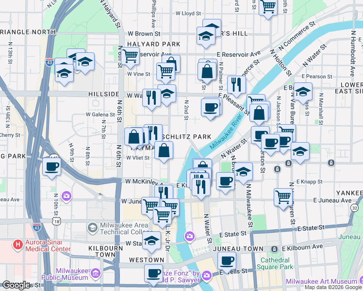 map of restaurants, bars, coffee shops, grocery stores, and more near 100 West Manpower Place in Milwaukee