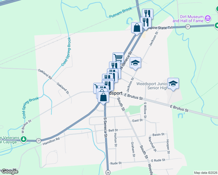 map of restaurants, bars, coffee shops, grocery stores, and more near 8921 North Seneca Street in Weedsport