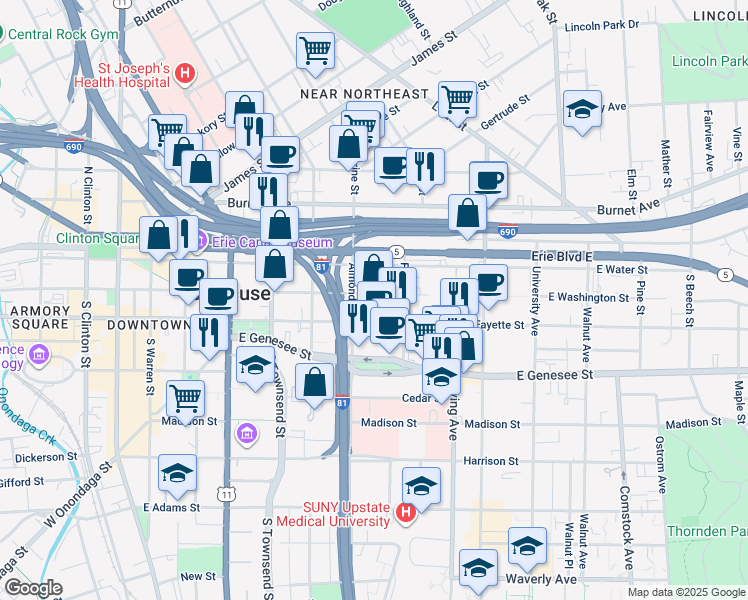 map of restaurants, bars, coffee shops, grocery stores, and more near 727 East Washington Street in Syracuse