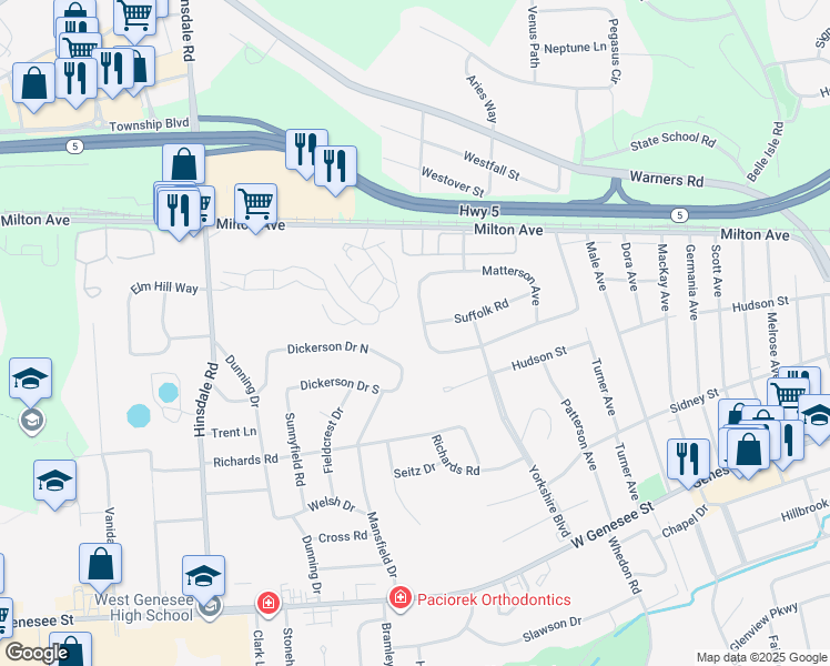 map of restaurants, bars, coffee shops, grocery stores, and more near 117 Gordon Parkway in Syracuse