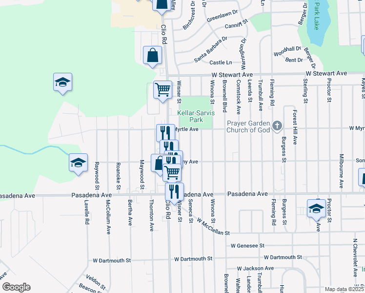 map of restaurants, bars, coffee shops, grocery stores, and more near 3810 Wisner Street in Flint