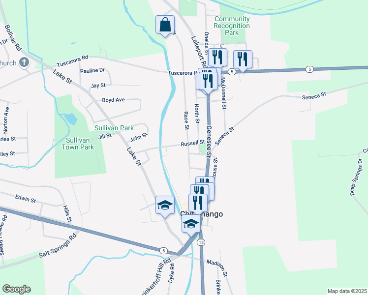 map of restaurants, bars, coffee shops, grocery stores, and more near 405 Race Street in Chittenango
