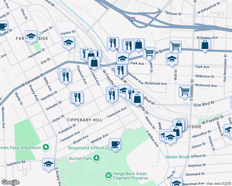 map of restaurants, bars, coffee shops, grocery stores, and more near 1510 West Fayette Street in Syracuse