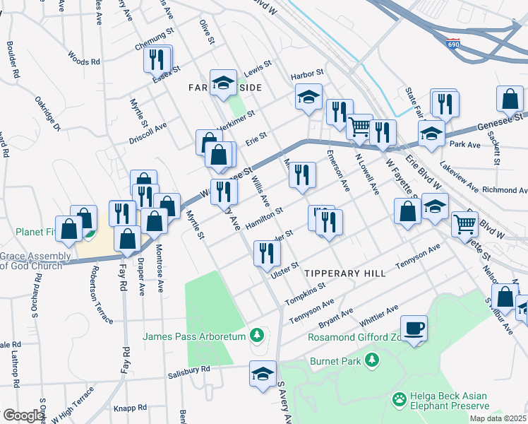 map of restaurants, bars, coffee shops, grocery stores, and more near 301 Cayuga Street in Syracuse