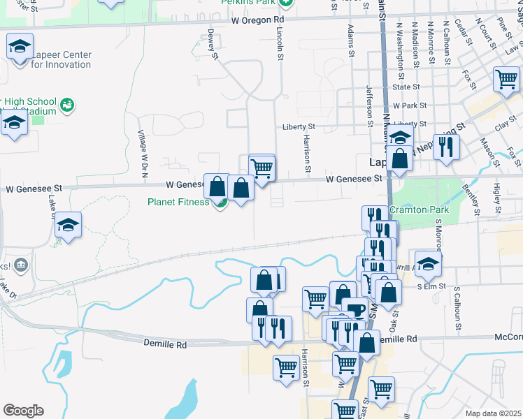 map of restaurants, bars, coffee shops, grocery stores, and more near 1789 West Genesee Street in Lapeer