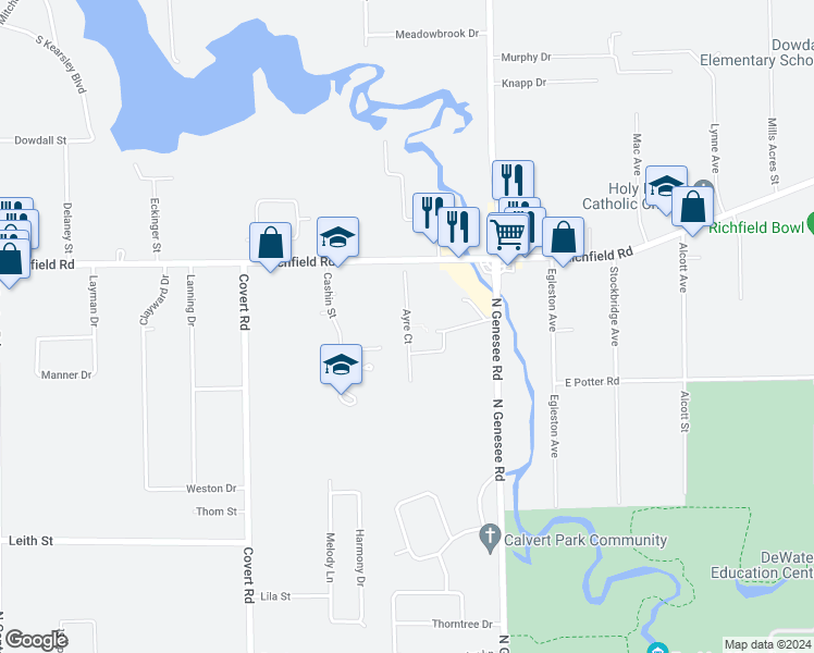 map of restaurants, bars, coffee shops, grocery stores, and more near 3055 North Genesee Road in Flint