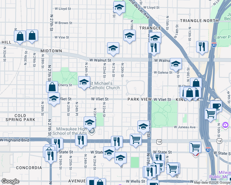 map of restaurants, bars, coffee shops, grocery stores, and more near 2033 West Cherry Street in Milwaukee