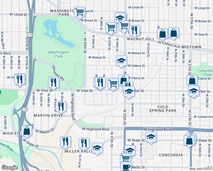 map of restaurants, bars, coffee shops, grocery stores, and more near 1459 North 37th Street in Milwaukee
