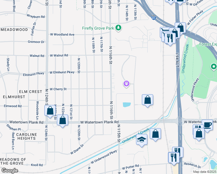 map of restaurants, bars, coffee shops, grocery stores, and more near 1533 North 116th Street in Wauwatosa