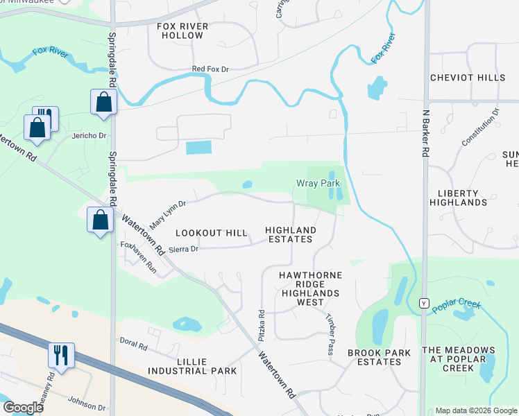 map of restaurants, bars, coffee shops, grocery stores, and more near 21305 Mary Lynn Drive in Brookfield